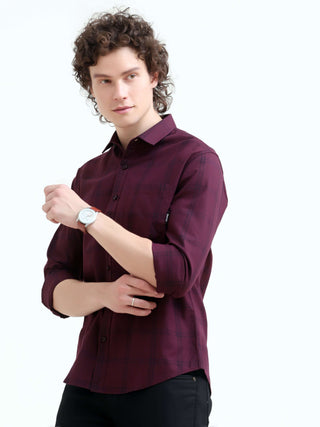 Solan Maroon Check Shirt - New Men’s Summer Casual Wear shop online at Estilocus. Elevate your style with the Solan windowpane check shirt. Perfect for summer and versatile for any setting. Shop the latest men's casual trend now!