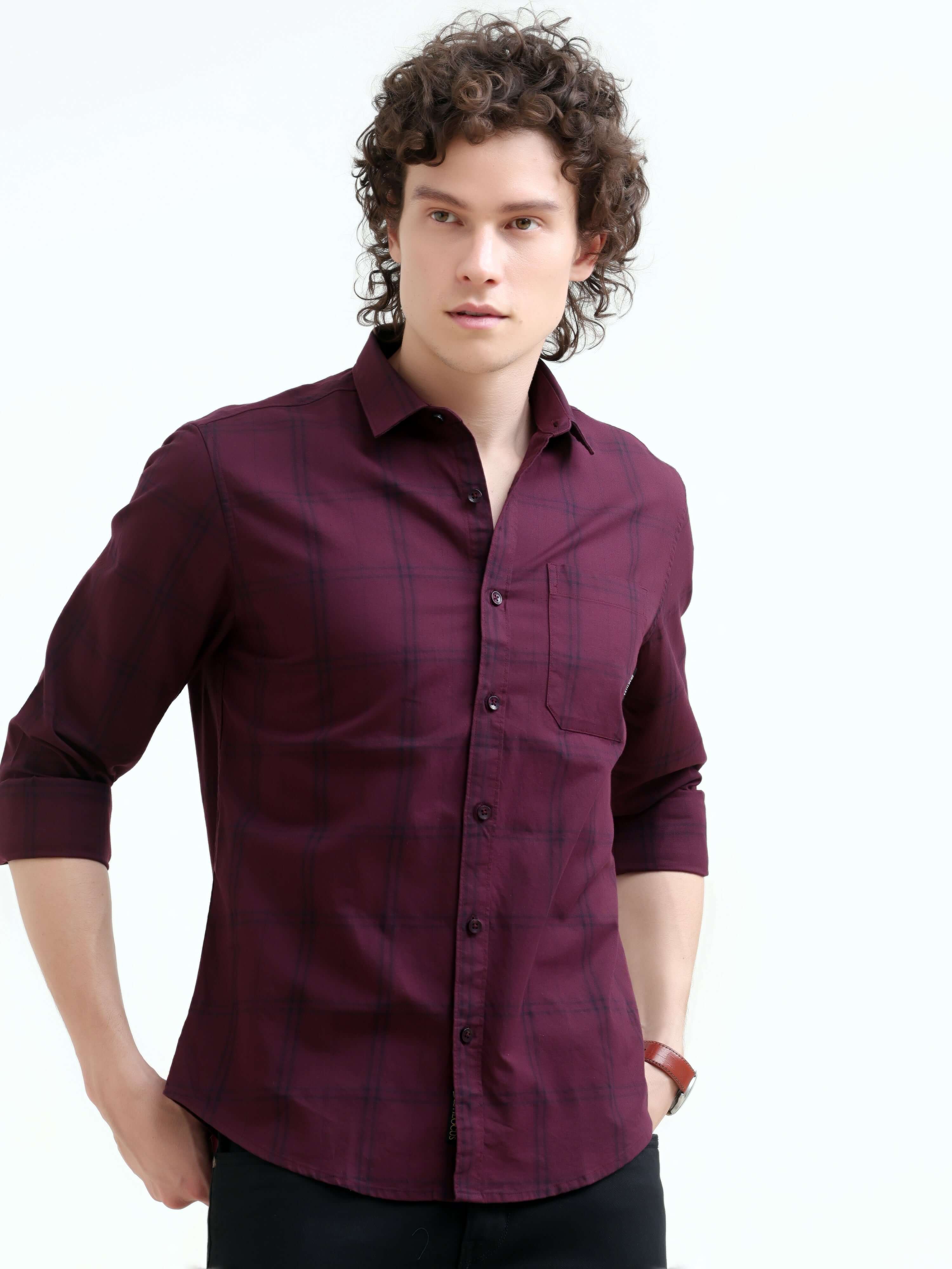 Solan Maroon Check Shirt - New Men’s Summer Casual Wear shop online at Estilocus. Elevate your style with the Solan windowpane check shirt. Perfect for summer and versatile for any setting. Shop the latest men's casual trend now!