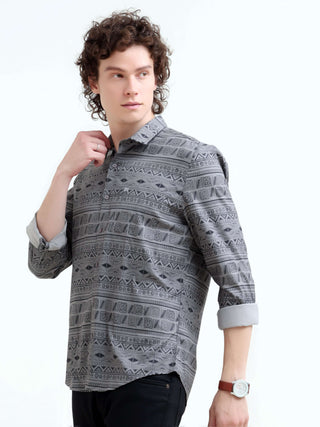 Men's Dusky Gray Trib Print Shirt - New Arrival shop online at Estilocus. Elevate your summer style with the new men's dusky gray geometric printed shirt. Perfect blend of modern design and comfort. Shop now!