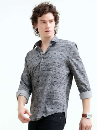 Men's Dusky Gray Trib Print Shirt - New Arrival shop online at Estilocus. Elevate your summer style with the new men's dusky gray geometric printed shirt. Perfect blend of modern design and comfort. Shop now!