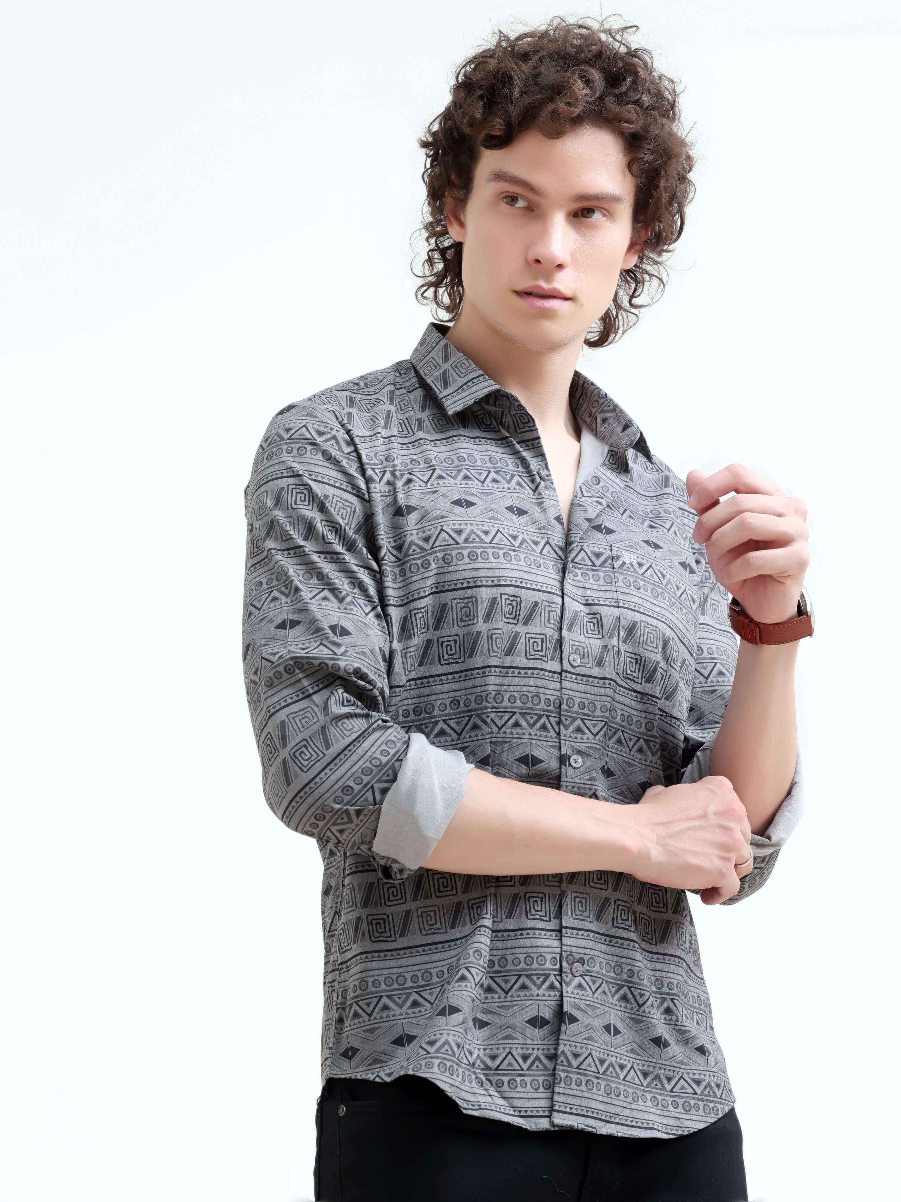 Men's Dusky Gray Trib Print Shirt - New Arrival shop online at Estilocus. Elevate your summer style with the new men's dusky gray geometric printed shirt. Perfect blend of modern design and comfort. Shop now!