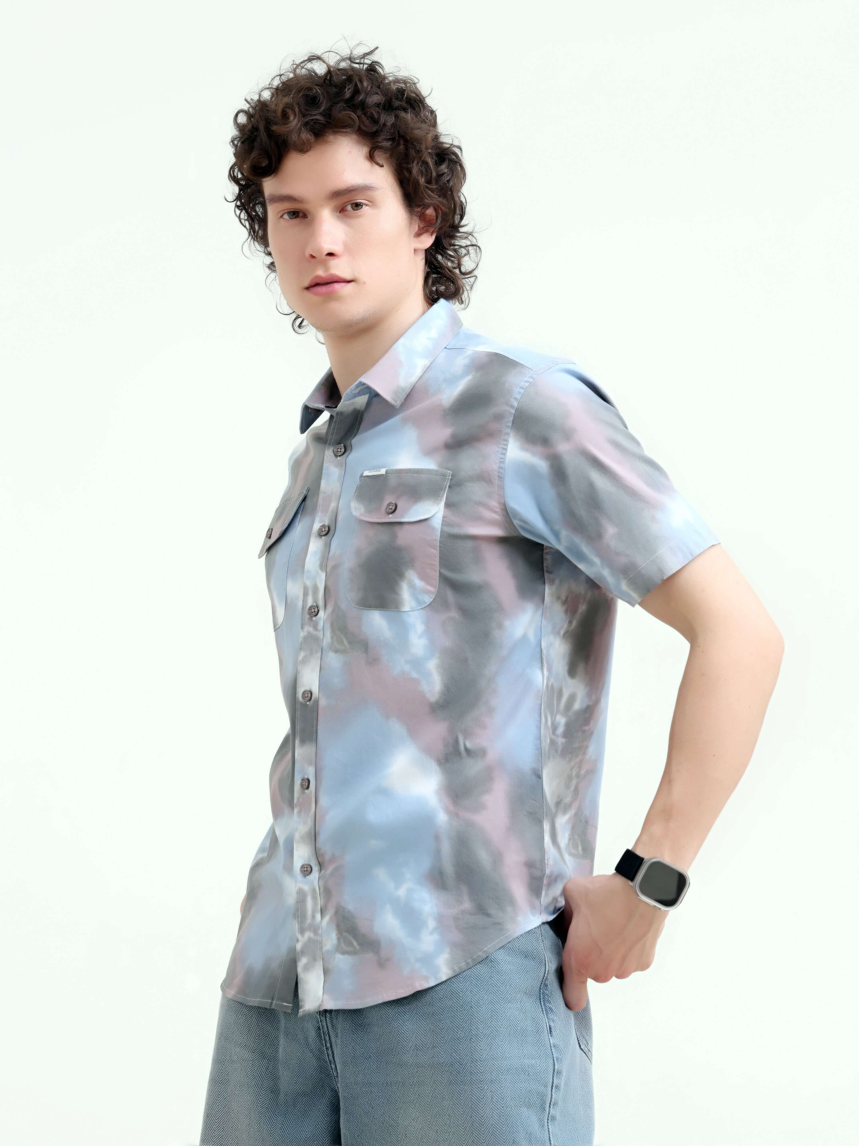 Pastel Blue Watercolor Shirt - New Men's Summer Fashion shop online at Estilocus. Elevate summer style with our pastel blue shirt, featuring unique watercolor prints. Perfect for a casual yet artistic look. Shop now!