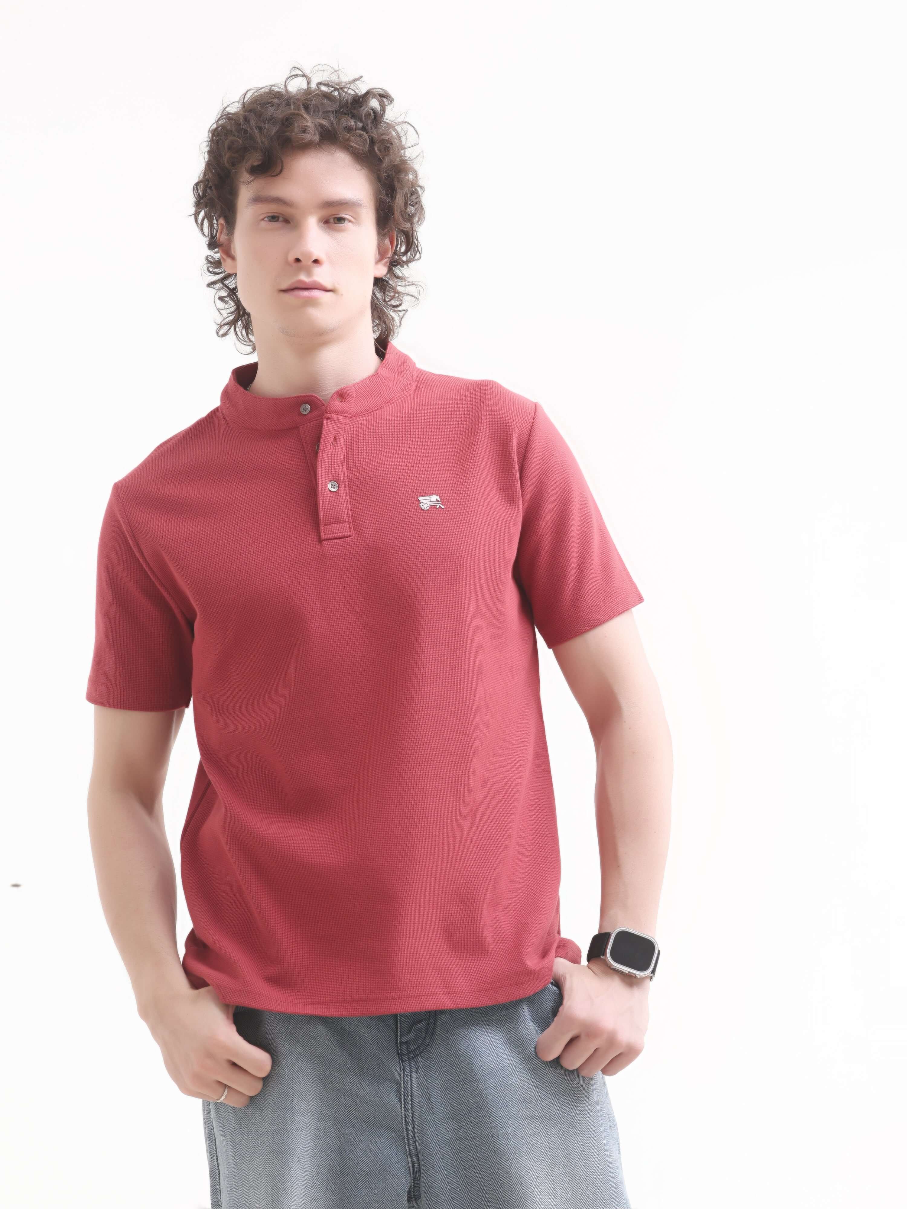 Pinnacle Red Henley T-Shirt - Men's Summer Essential shop online at Estilocus. Discover the ultimate in comfort with our Pinnacle Henley red tee. 100% cotton, perfect for summer, new arrivals - casual yet stylish. Shop now!