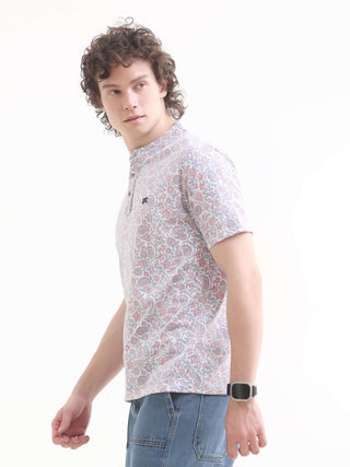 Men's Floral Pink Henley T-Shirt - New Summer Arrival shop online at Estilocus. Discover the perfect blend of style & comfort with our Lim floral pink Henley t-shirt. Lightweight, 100% cotton, and a regular fit for all occasions. Shop now!