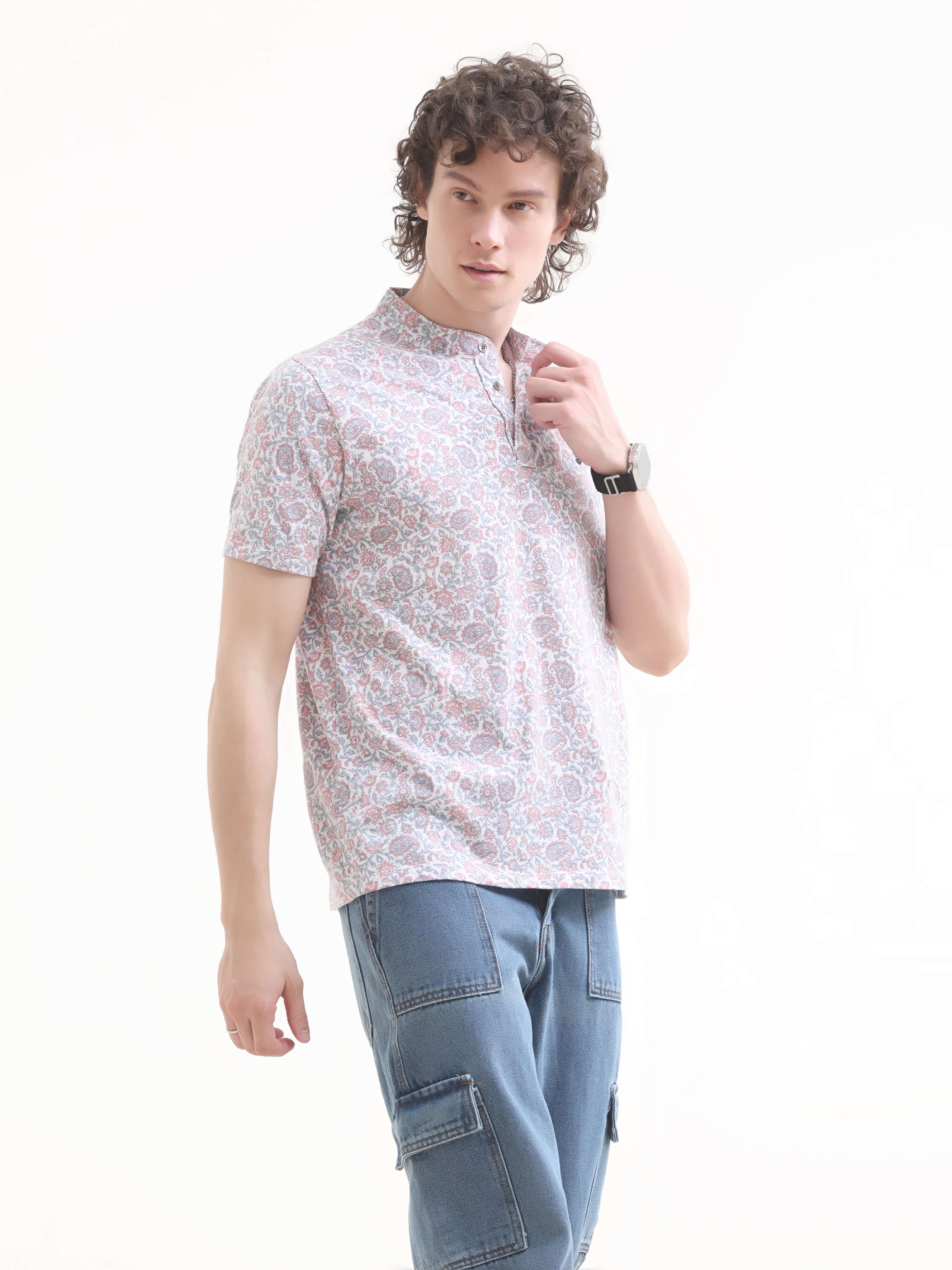 Men's Floral Pink Henley T-Shirt - New Summer Arrival shop online at Estilocus. Discover the perfect blend of style & comfort with our Lim floral pink Henley t-shirt. Lightweight, 100% cotton, and a regular fit for all occasions. Shop now!