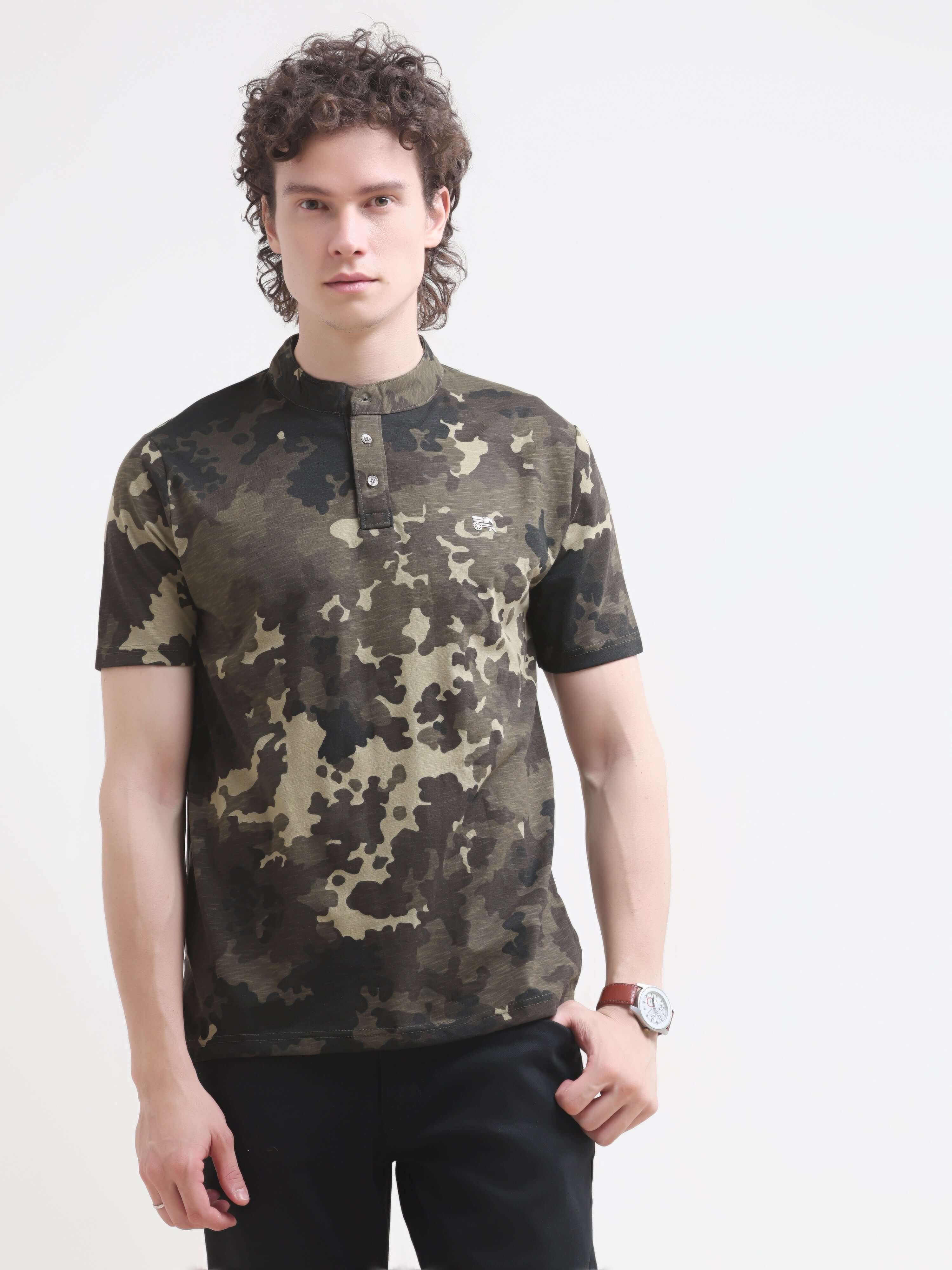 Olive Henley Camouflage T-Shirt for Men - New Arrival shop online at Estilocus. Shop the latest men's casual summer essential: Olive Henley Camo Tee. 100% cotton, lightweight, comfortable fit. Order now!