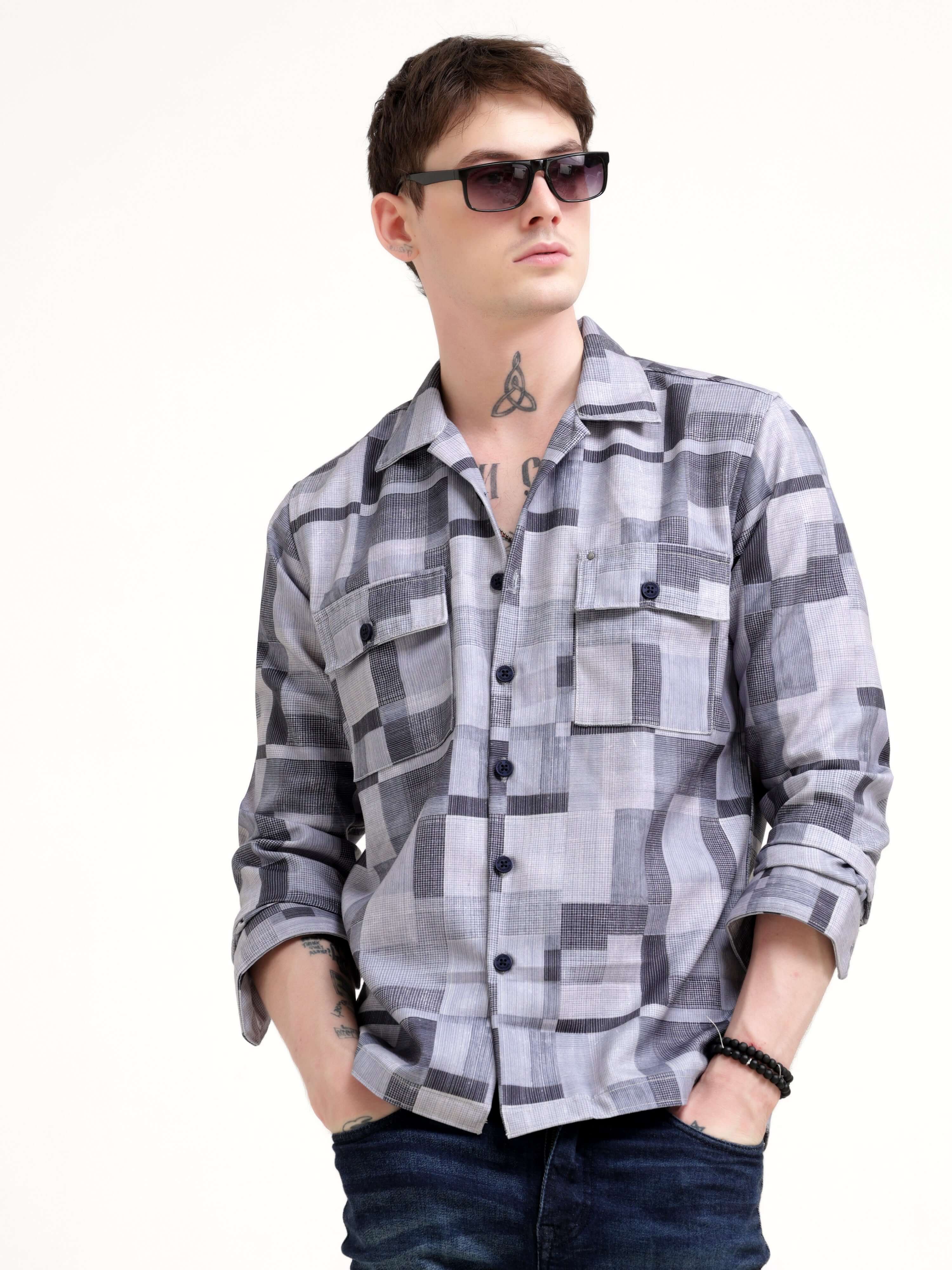 Geovibrance abstract gray Overshirt - Men's Casual Wear shop online at Estilocus. Elevate your wardrobe with the Geovibrance abstract gray Overshirt. Perfect for any casual occasion, its modern fit ensures comfort & style.