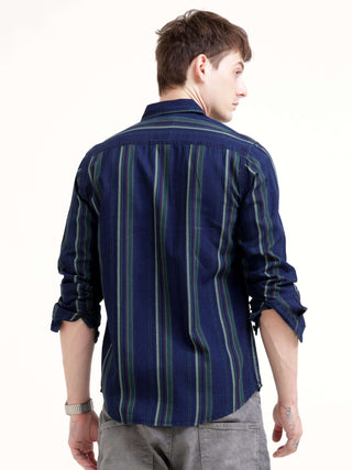 Vertical indigo & green stripe shirt - Men's Casual Wear Shop Online at Estilocus. Elevate your style with our Indigo & Green Stripe Shirt. Regular fit, full sleeves & sharp silhouette for a commanding look. Perfect for making impressions!