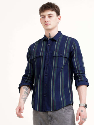 Vertical indigo & green stripe shirt - Men's Casual Wear Shop Online at Estilocus. Elevate your style with our Indigo & Green Stripe Shirt. Regular fit, full sleeves & sharp silhouette for a commanding look. Perfect for making impressions!