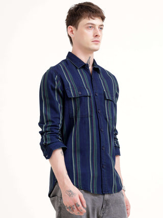 Vertical indigo & green stripe shirt - Men's Casual Wear Shop Online at Estilocus. Elevate your style with our Indigo & Green Stripe Shirt. Regular fit, full sleeves & sharp silhouette for a commanding look. Perfect for making impressions!