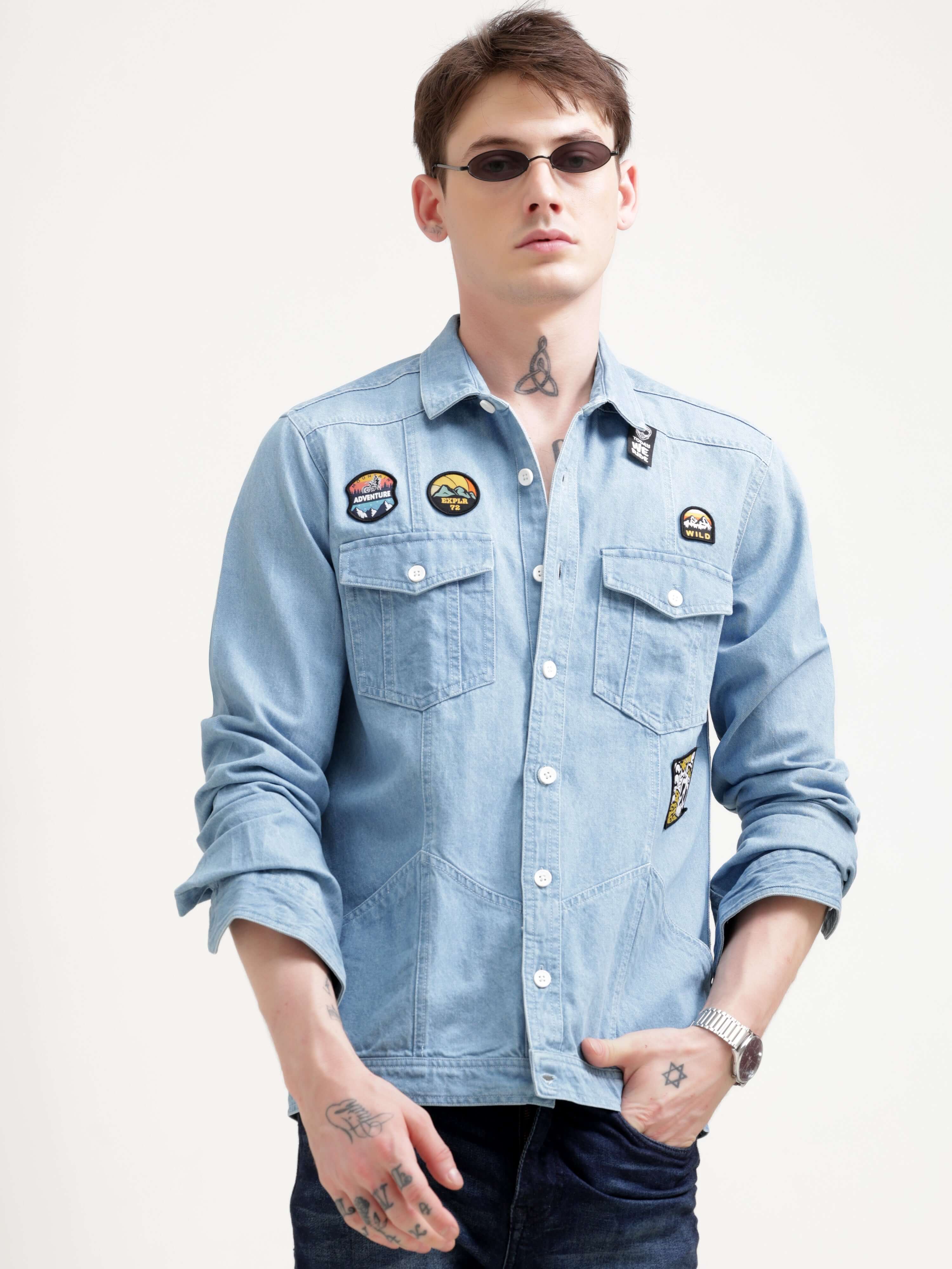 Ice Blue Denim Street Overshirt - Men's Casual Wear shop online at Estilocus. Elevate your wardrobe with the Ice Blue Denim Street Overshirt. Features a unique design, regular fit, and double front pockets. Perfect for casual chic.