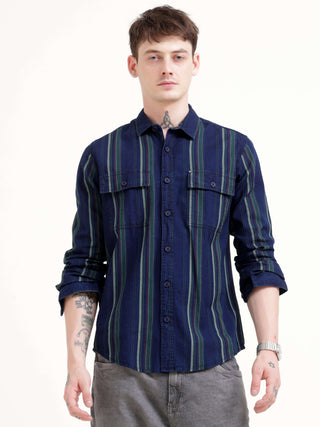 Vertical indigo & green stripe shirt - Men's Casual Wear Shop Online at Estilocus. Elevate your style with our Indigo & Green Stripe Shirt. Regular fit, full sleeves & sharp silhouette for a commanding look. Perfect for making impressions!