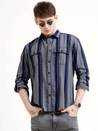 Vertical indigo & white stripe shirt - Men's Casual Wear Shop Online at Estilocus. Elevate your look with our Indigo & White Stripe Shirt. Sharp silhouette & bold patterns for a standout impression. Perfect fit with full sleeves.