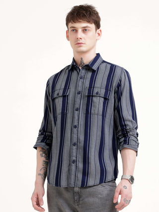 Vertical indigo & white stripe shirt - Men's Casual Wear Shop Online at Estilocus. Elevate your look with our Indigo & White Stripe Shirt. Sharp silhouette & bold patterns for a standout impression. Perfect fit with full sleeves.