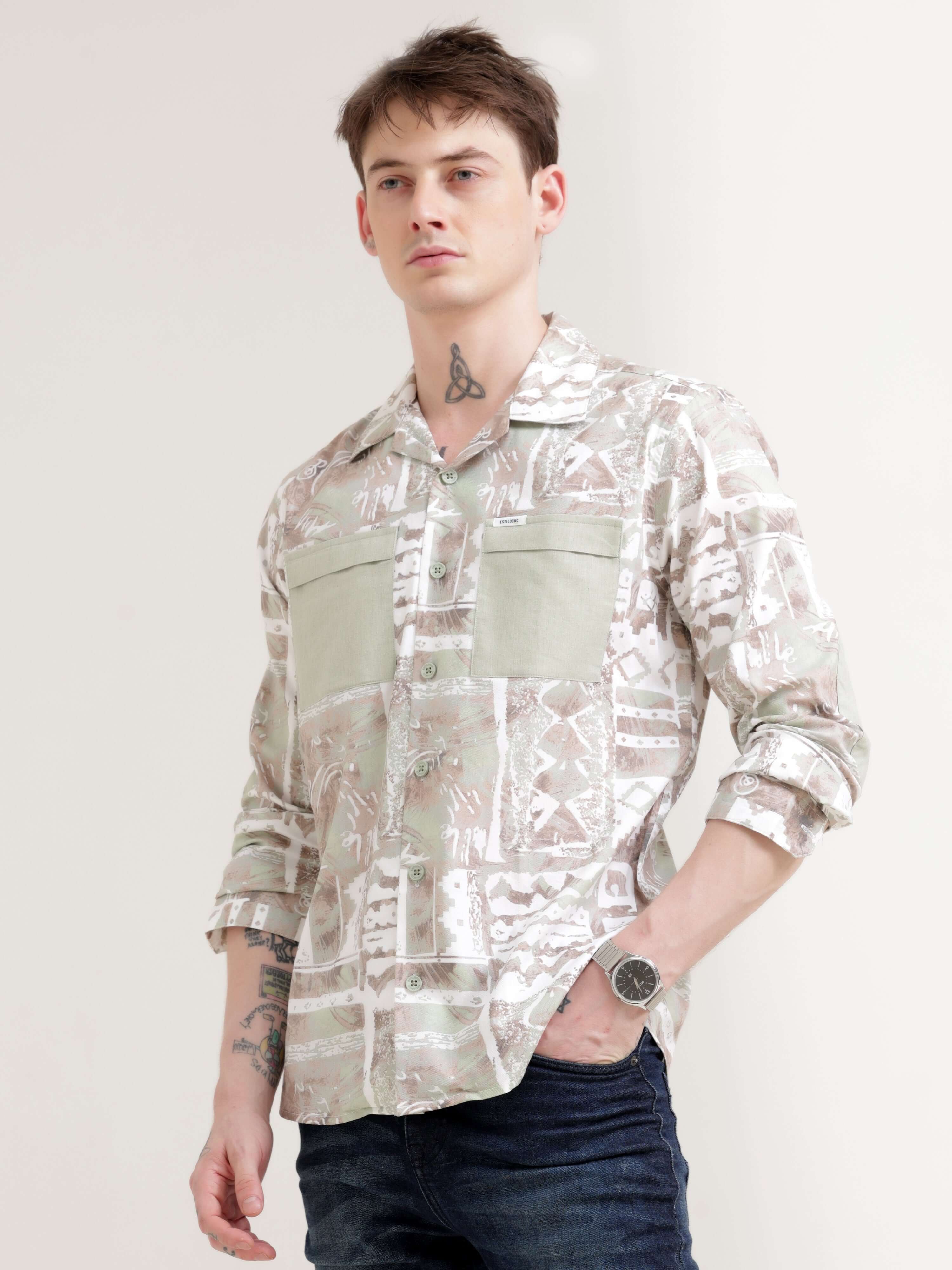 Duval brown abstract print shirt - Men's Casual Wear shop online at Estilocus. Get noticed in our Duval brown abstract print shirt, crafted for comfort & unique style. Perfect for adding a modern twist to any look.