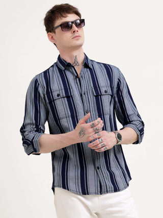 Vertical indigo & gray stripe shirt - Men's Casual Wear Shop Online at Estilocus. Command attention in our Power Plaid Shirt, featuring bold indigo & gray stripes and a sharp, structured fit. Perfect for making a statement.