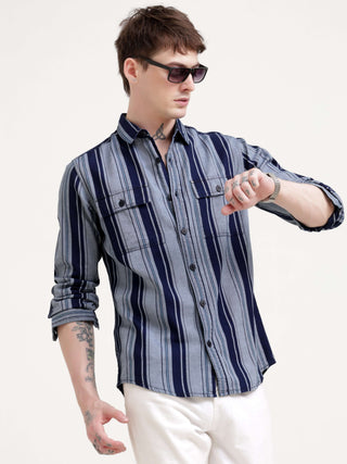 Vertical indigo & gray stripe shirt - Men's Casual Wear Shop Online at Estilocus. Command attention in our Power Plaid Shirt, featuring bold indigo & gray stripes and a sharp, structured fit. Perfect for making a statement.