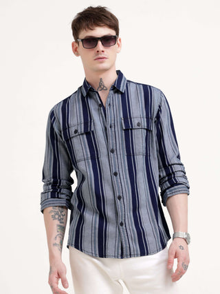 Vertical indigo & gray stripe shirt - Men's Casual Wear Shop Online at Estilocus. Command attention in our Power Plaid Shirt, featuring bold indigo & gray stripes and a sharp, structured fit. Perfect for making a statement.