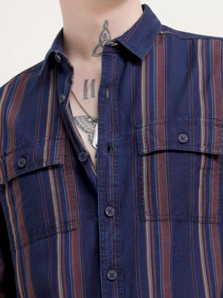 Vertical indigo & maroon stripe shirt - Men's Casual Wear Shop Online at Estilocus. Dive into style with our Power Plaid Shirt in vibrant indigo & maroon stripes. Perfect fit, full sleeves for a sharp look. Grab yours now!