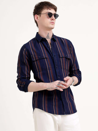 Vertical indigo & maroon stripe shirt - Men's Casual Wear Shop Online at Estilocus. Dive into style with our Power Plaid Shirt in vibrant indigo & maroon stripes. Perfect fit, full sleeves for a sharp look. Grab yours now!