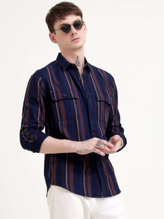 Vertical indigo & maroon stripe shirt - Men's Casual Wear Shop Online at Estilocus. Dive into style with our Power Plaid Shirt in vibrant indigo & maroon stripes. Perfect fit, full sleeves for a sharp look. Grab yours now!