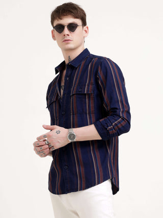 Vertical indigo & maroon stripe shirt - Men's Casual Wear Shop Online at Estilocus. Dive into style with our Power Plaid Shirt in vibrant indigo & maroon stripes. Perfect fit, full sleeves for a sharp look. Grab yours now!