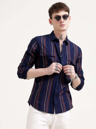 Vertical indigo & maroon stripe shirt - Men's Casual Wear Shop Online at Estilocus. Dive into style with our Power Plaid Shirt in vibrant indigo & maroon stripes. Perfect fit, full sleeves for a sharp look. Grab yours now!