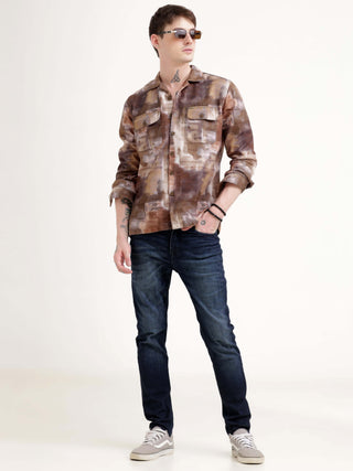 Enigmatic vibrance brown overshirt - Men's Casual Wear shop online at Estilocus. Elevate your wardrobe with this Brown Overshirt featuring an abstract design and comfy fit. Perfect for any casual outing.