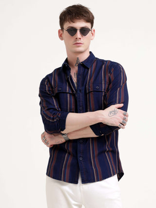 Vertical indigo & maroon stripe shirt - Men's Casual Wear Shop Online at Estilocus. Dive into style with our Power Plaid Shirt in vibrant indigo & maroon stripes. Perfect fit, full sleeves for a sharp look. Grab yours now!