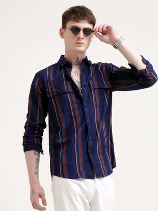 Vertical indigo & maroon stripe shirt - Men's Casual Wear Shop Online at Estilocus. Dive into style with our Power Plaid Shirt in vibrant indigo & maroon stripes. Perfect fit, full sleeves for a sharp look. Grab yours now!