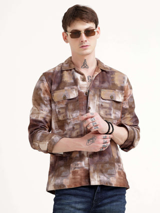 Enigmatic vibrance brown overshirt - Men's Casual Wear shop online at Estilocus. Elevate your wardrobe with this Brown Overshirt featuring an abstract design and comfy fit. Perfect for any casual outing.