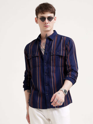 Vertical indigo & maroon stripe shirt - Men's Casual Wear Shop Online at Estilocus. Dive into style with our Power Plaid Shirt in vibrant indigo & maroon stripes. Perfect fit, full sleeves for a sharp look. Grab yours now!