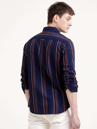 Vertical indigo & maroon stripe shirt - Men's Casual Wear Shop Online at Estilocus. Dive into style with our Power Plaid Shirt in vibrant indigo & maroon stripes. Perfect fit, full sleeves for a sharp look. Grab yours now!