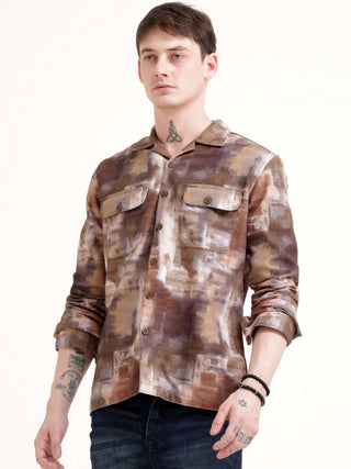 Enigmatic vibrance brown overshirt - Men's Casual Wear shop online at Estilocus. Elevate your wardrobe with this Brown Overshirt featuring an abstract design and comfy fit. Perfect for any casual outing.