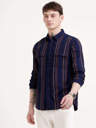 Vertical indigo & maroon stripe shirt - Men's Casual Wear Shop Online at Estilocus. Dive into style with our Power Plaid Shirt in vibrant indigo & maroon stripes. Perfect fit, full sleeves for a sharp look. Grab yours now!