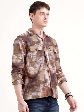 Enigmatic vibrance brown overshirt - Men's Casual Wear shop online at Estilocus. Elevate your wardrobe with this Brown Overshirt featuring an abstract design and comfy fit. Perfect for any casual outing.