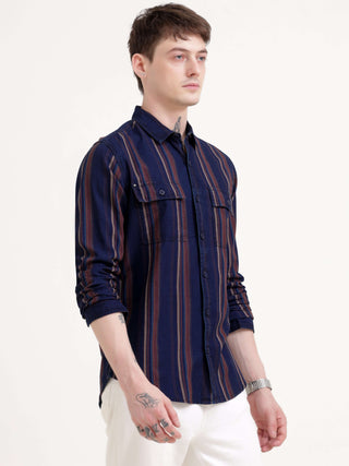 Vertical indigo & maroon stripe shirt - Men's Casual Wear Shop Online at Estilocus. Dive into style with our Power Plaid Shirt in vibrant indigo & maroon stripes. Perfect fit, full sleeves for a sharp look. Grab yours now!