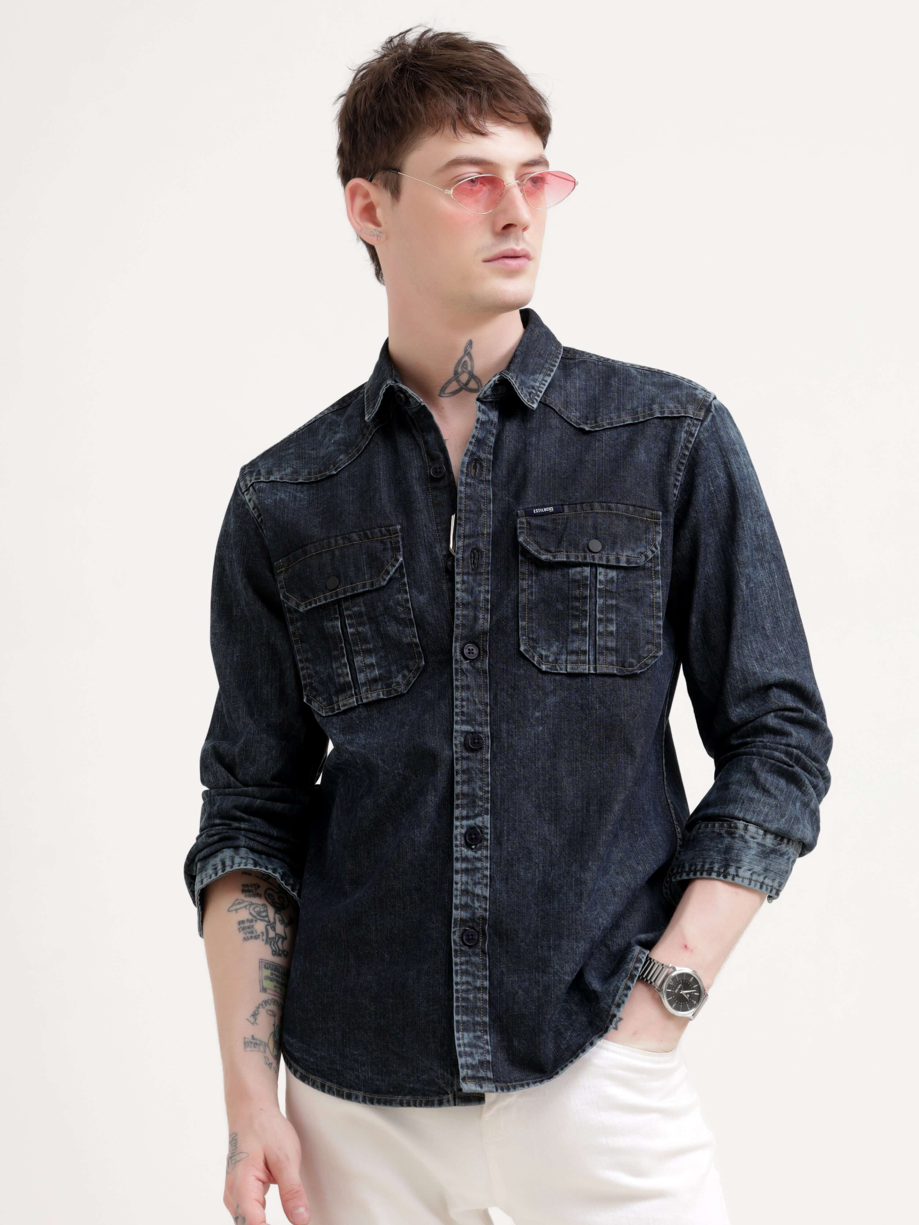 Storm indigo denim shirt - Men's Casual Wear shop online at Estilocus. Elevate your style with our Storm Indigo Denim Shirt, perfect for any season. Breathable, tailored, and polished for a sophisticated look.