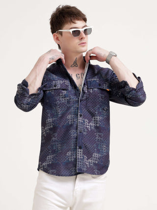 Geometric abstract indigo Overshirt - Men's Casual Wear shop online at Estilocus. Elevate your style with our Indigo Geometric Overshirt. Perfect for any casual occasion, featuring a regular fit and unique abstract design.