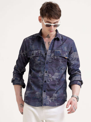 Geometric abstract indigo Overshirt - Men's Casual Wear shop online at Estilocus. Elevate your style with our Indigo Geometric Overshirt. Perfect for any casual occasion, featuring a regular fit and unique abstract design.