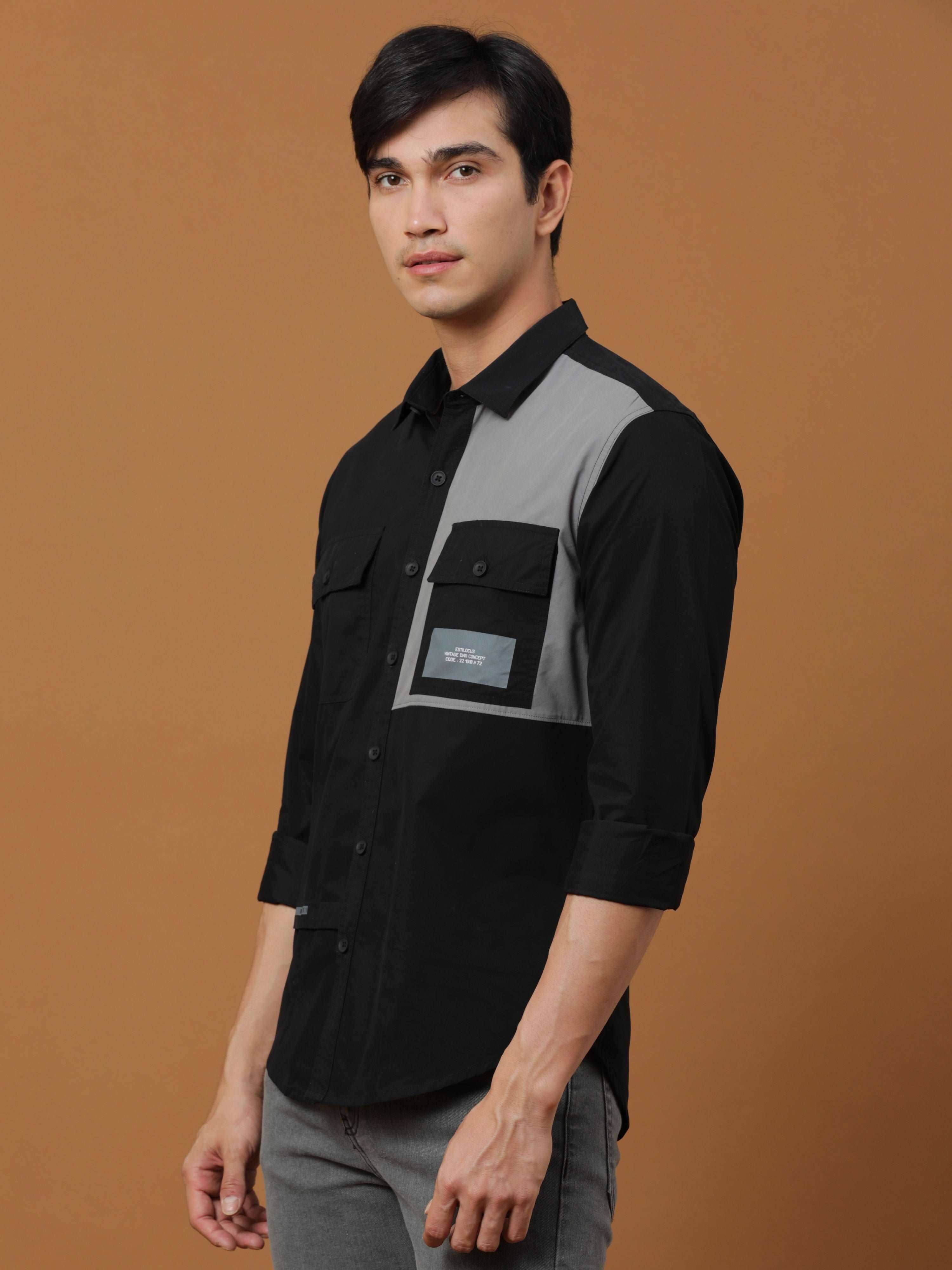 Black Contrast Patch Cargo Shirt shop online at Estilocus. 100% Premium peach Cotton Full-sleeve solid shirt Cut and sew placket Contrast patch @ Front panel pocket Regular collar Double button edge cuff Double cargo pocket along with HD brand print Curve