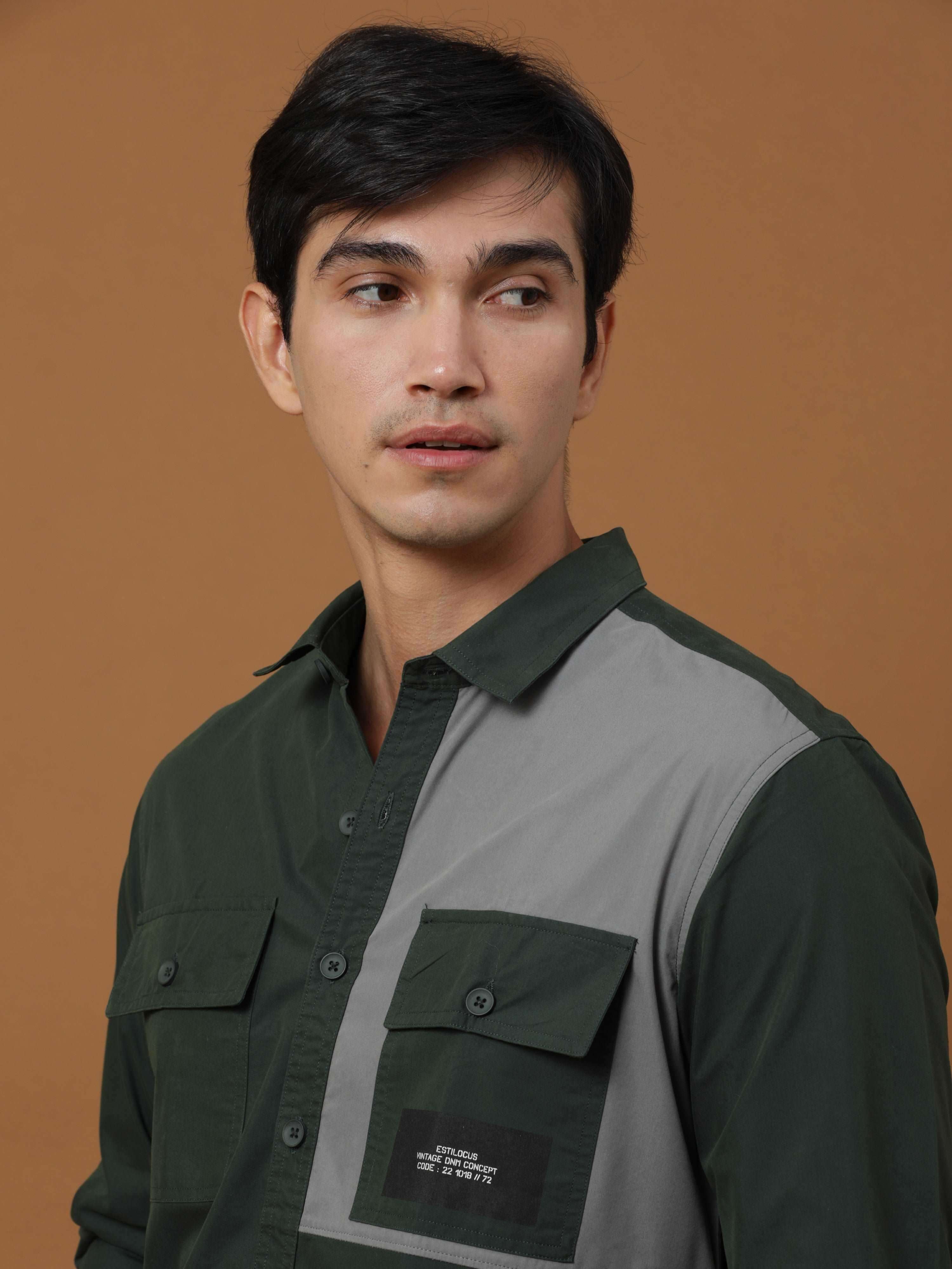 Bottle Green Contrast Patch Cargo Full Sleeve Shirt shop online at Estilocus. 100% Premium peach Cotton Full-sleeve solid shirt Cut and sew placket Contrast patch @ Front panel pocket Regular collar Double button edge cuff Double cargo pocket along with H