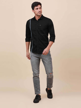 Black Solid Single Pocket full sleeve shirt shop online at Estilocus. 100% Cotton ,Full-sleeve solid shirt Cut and sew placket Regular collar Double button edge cuff Single pocket Curved bottom hemline Finest printing at front placket. All double needle c