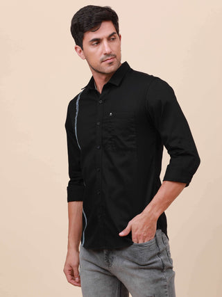 Black Solid Single Pocket full sleeve shirt shop online at Estilocus. 100% Cotton ,Full-sleeve solid shirt Cut and sew placket Regular collar Double button edge cuff Single pocket Curved bottom hemline Finest printing at front placket. All double needle c