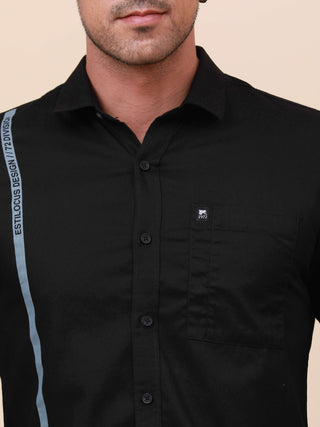 Black Solid Single Pocket full sleeve shirt shop online at Estilocus. 100% Cotton ,Full-sleeve solid shirt Cut and sew placket Regular collar Double button edge cuff Single pocket Curved bottom hemline Finest printing at front placket. All double needle c