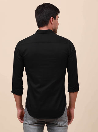 Black Solid Single Pocket full sleeve shirt shop online at Estilocus. 100% Cotton ,Full-sleeve solid shirt Cut and sew placket Regular collar Double button edge cuff Single pocket Curved bottom hemline Finest printing at front placket. All double needle c