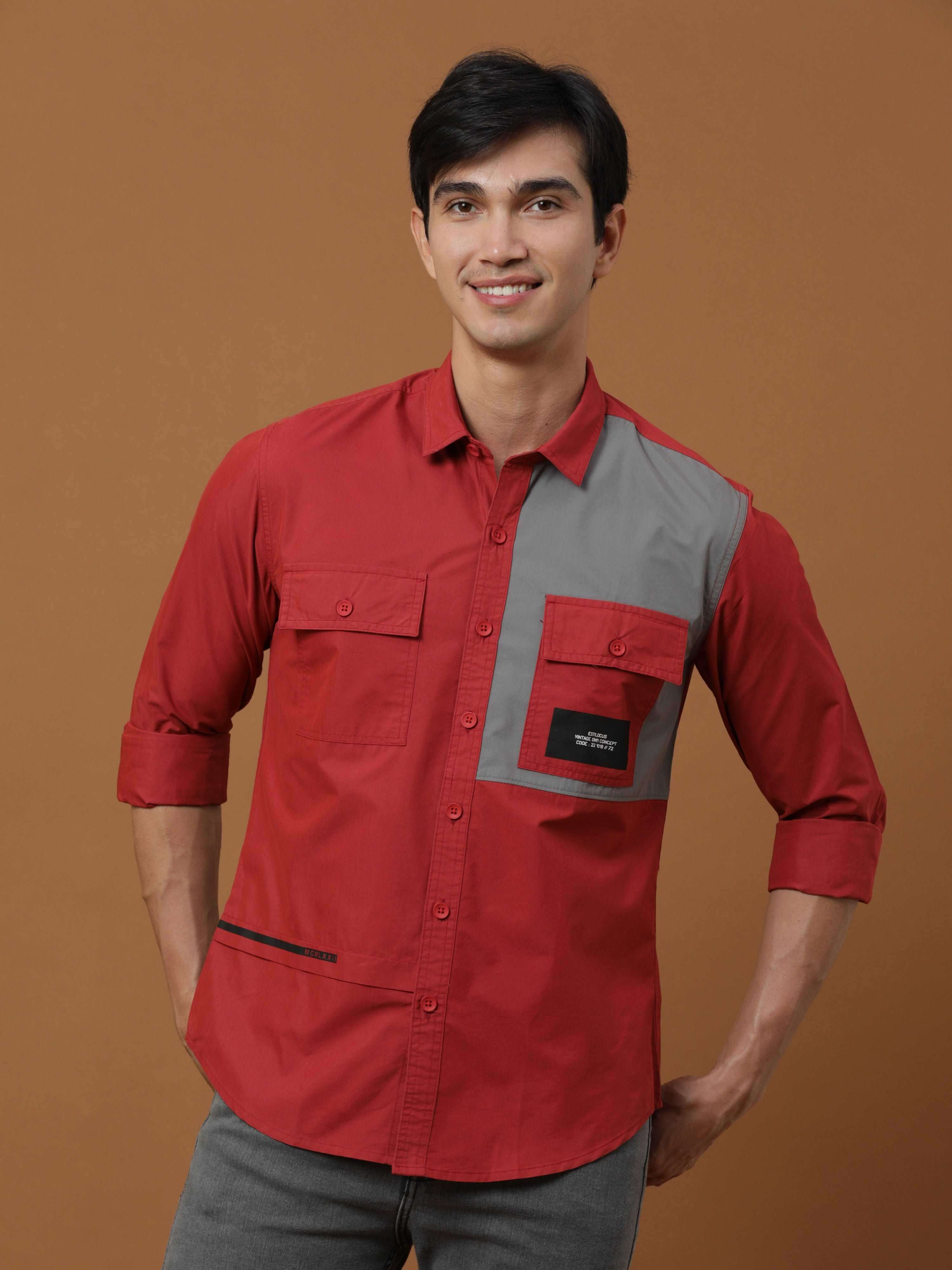 Brick Red Contrast Patch Cargo Shirt shop online at Estilocus. 100% Premium peach Cotton Full-sleeve solid shirt Cut and sew placket Contrast patch @ Front panel pocket Regular collar Double button edge cuff Double cargo pocket along with HD brand print C