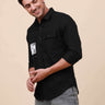 Black Solid Double Pocket Full Sleeve Shirt shop online at Estilocus. 100% Cotton , Full-sleeve solid shirt Cut and sew placket Regular collar Double button edge cuff Double pocket with flap Curved bottom hemline Finest printing at pocket . All double nee