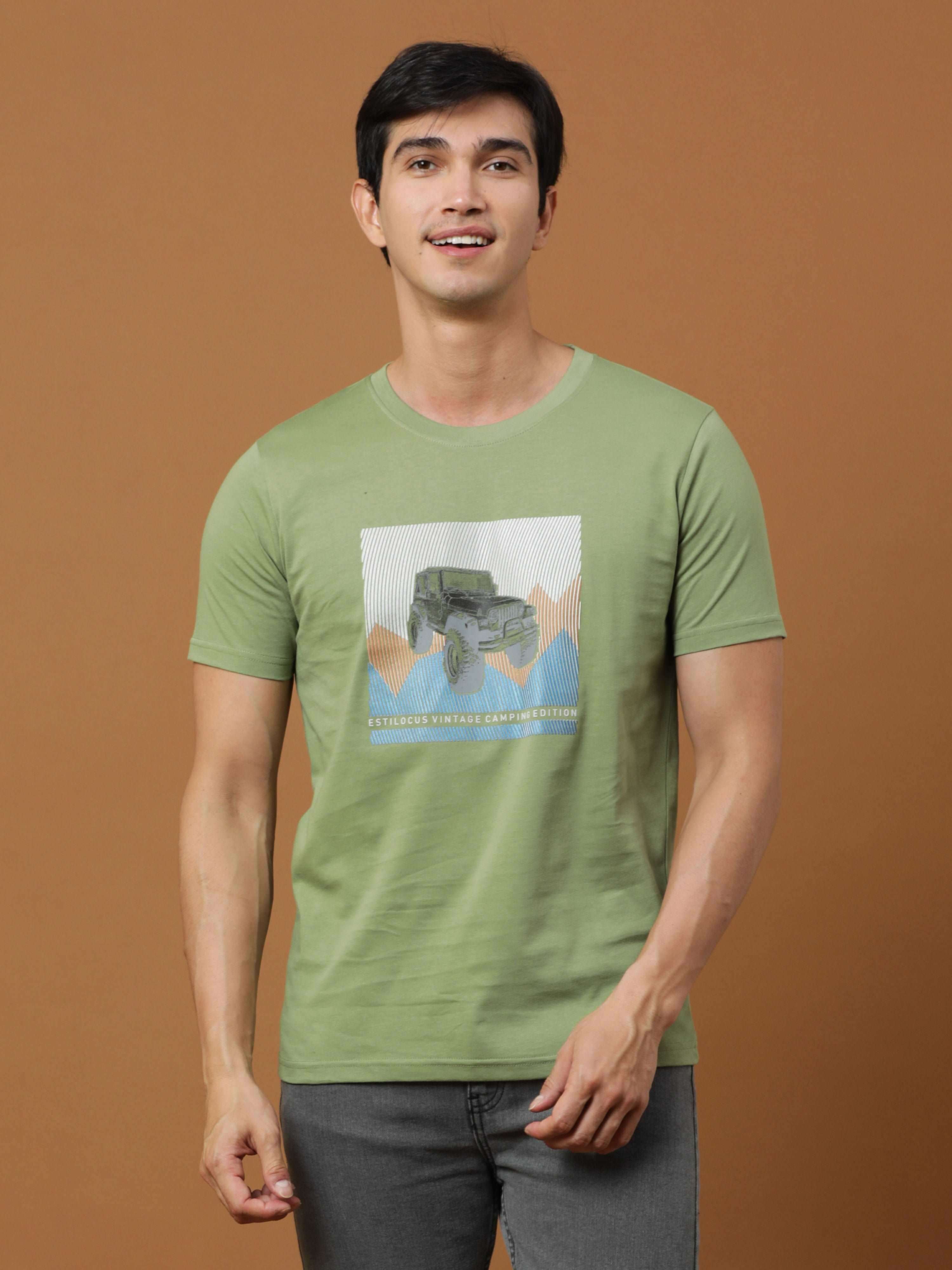 Camping Edition Lt Green Printed T Shirt shop online at Estilocus. 100% Cotton Designed and printed on knitted fabric. The fabric is stretchy and lightweight, with a soft skin feel and no wrinkles. Crew neck collar which is smooth on the neck and keeps yo