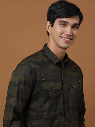 Army Green Camo full sleeve Shirt shop online at Estilocus. 100% Cotton , Full-sleeve solid shirt Cut and sew placket Regular collar Double button edge cuff Double pocket with flap Curved bottom hemline All double needle construction, finest quality sewin